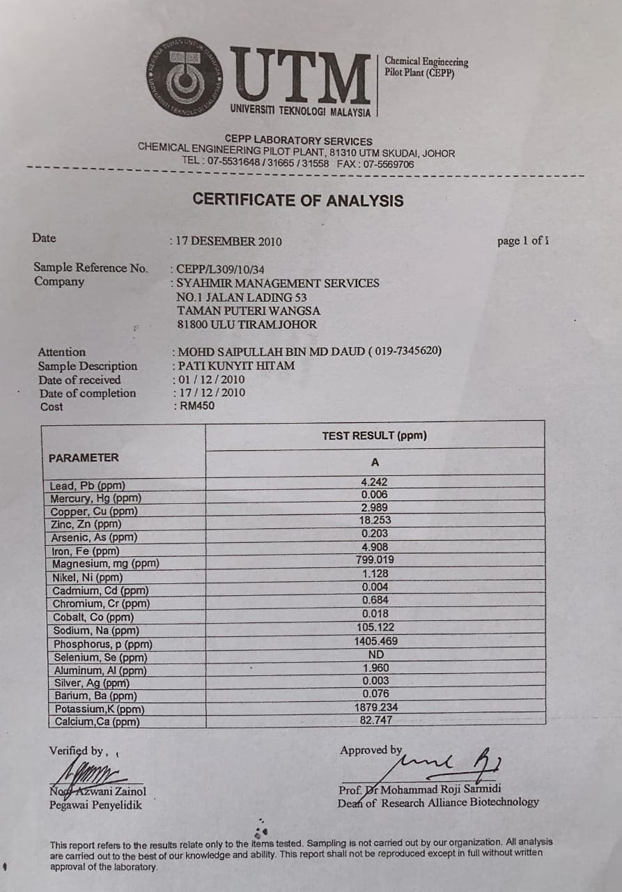 UTM Certificate of Analysis, 2010