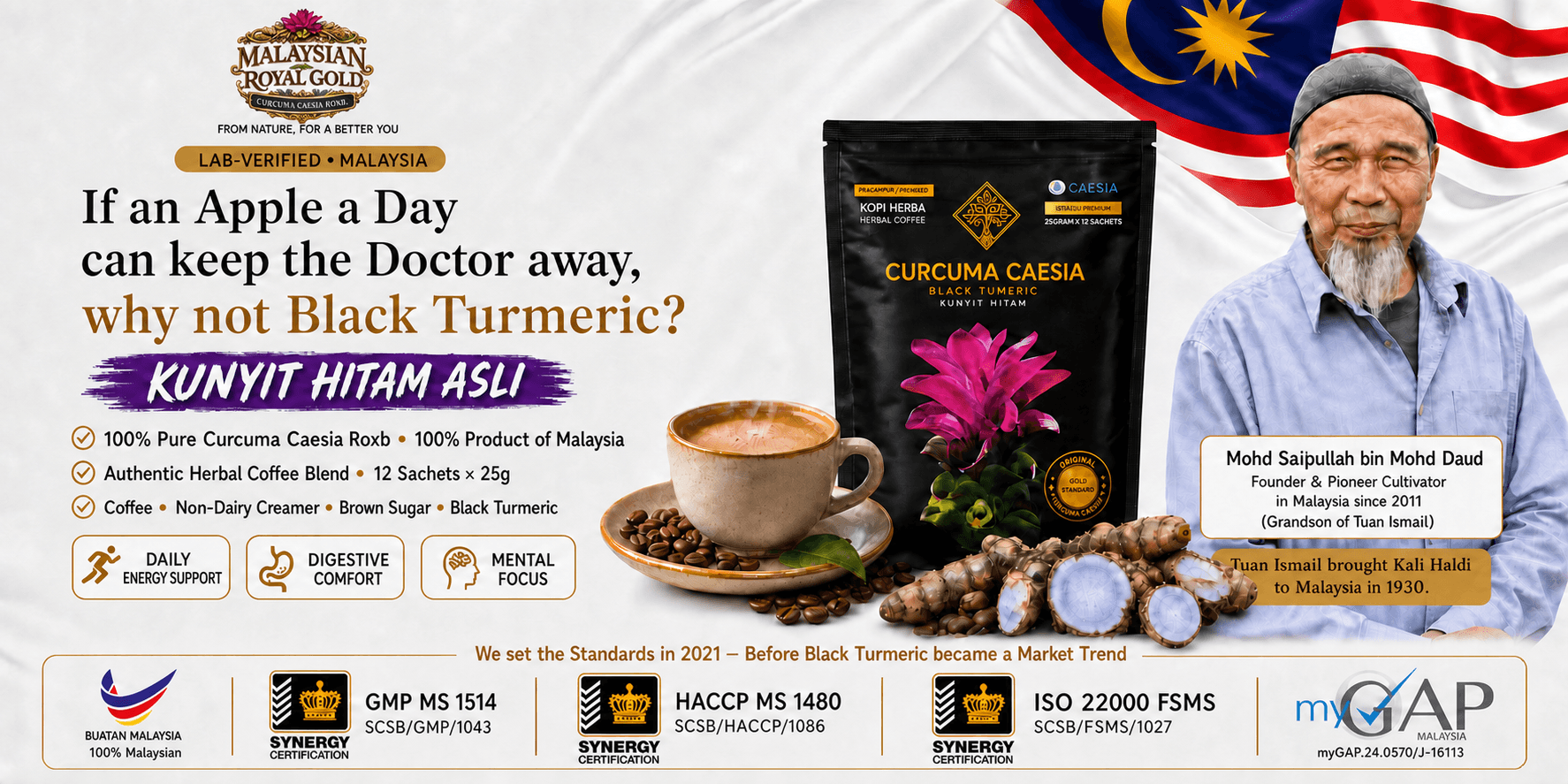 Malaysian Royal Gold Curcuma Caesia Kopi Herba โ Authentic Kunyit Hitam Herbal Coffee